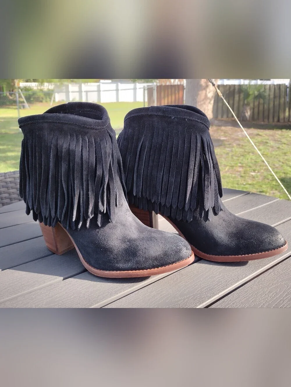 Frye Llana Black Suede Fringe Ankle Boots Western Boho Block Heel